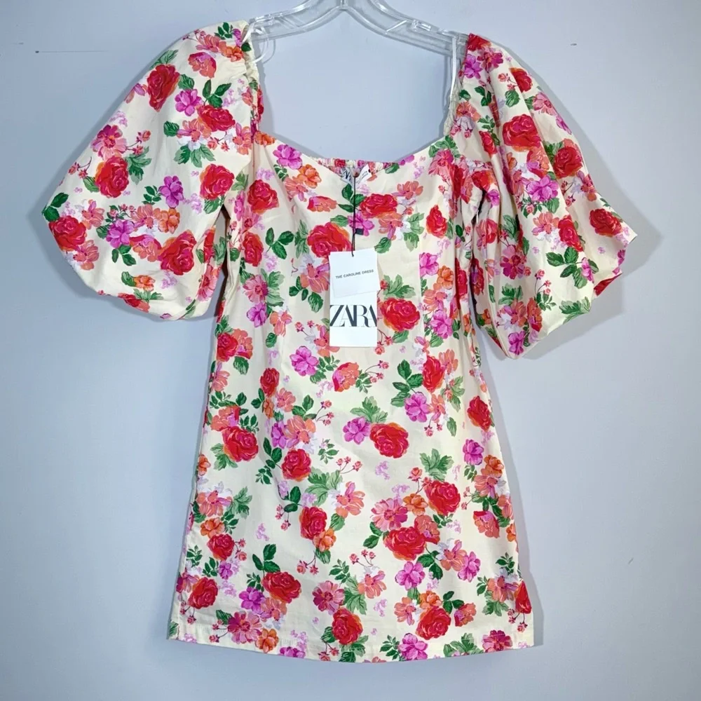 NWT ZARA THE CAROLINE DRESS S MINI FLORAL OFF SHOULDER PUFF SLEEVE Blogger Fave - Picture 9 of 16